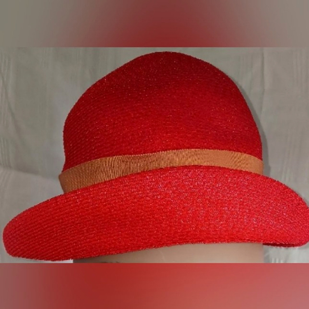 1950's Betmar Red Straw Hat With Orange Ribbon - Picture 2 of 13